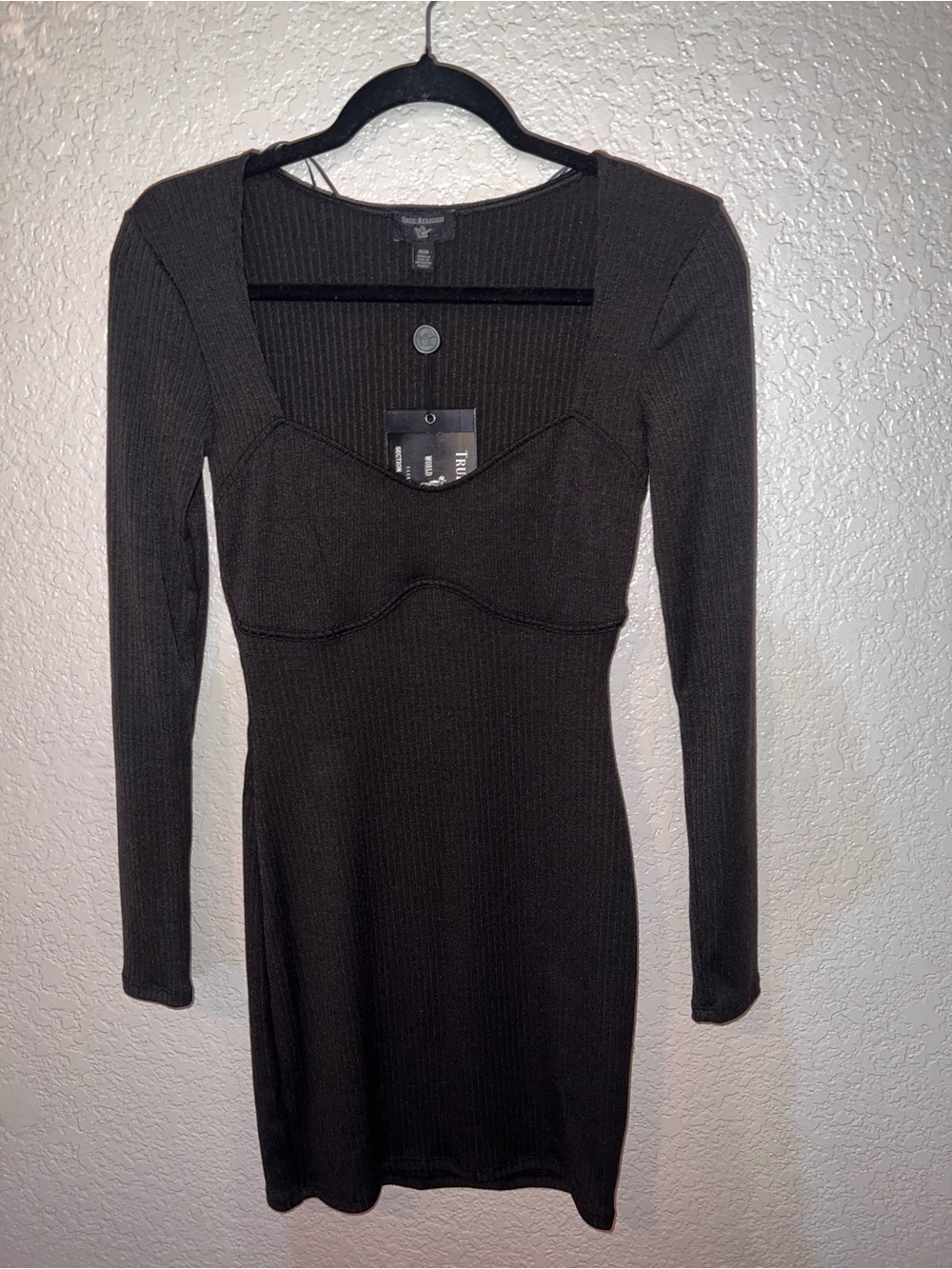 NWT True Religion Black Ribbed Long Sleeve Bodycon Dress